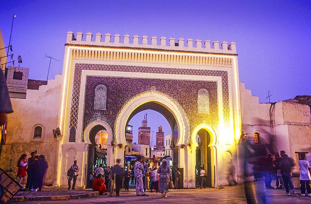 Bab Boujeloud, gateway through the town wall to the historic town centre or Medina, UNESCO World Heritage Site, Fez, Morocco, Africa.