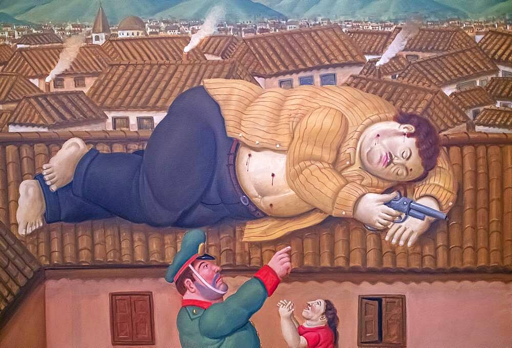 `Pablo Escobar dead´or `Pablo Escobar muerto´. Painting by Fernando Botero, Antioquia Museum, Museo de Antioquia, Medellín, Colombia