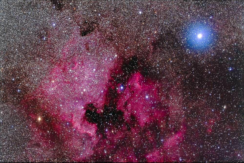 The North America Nebula (NGC 7000) and associated nebulosity and star clusters, near the bright blue-white star Deneb in Cygnus.