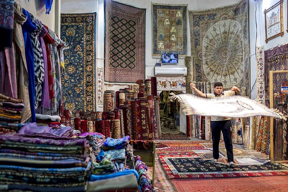 Carpet shop, in Taki Zargaron bazaar, Bukhara, Uzbekistan