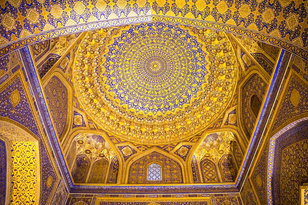 Ceiling of mosque, in Tilla-Kari Madrasa, Registan, Samarkand, Uzbekistan