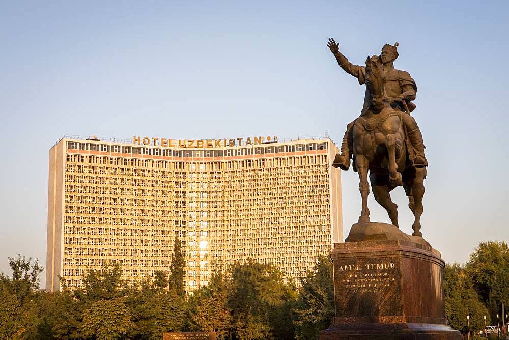 Amir Timur statue, in Amir Timur square, and Hotel Uzbekistan, Tashkent, Uzbekistan