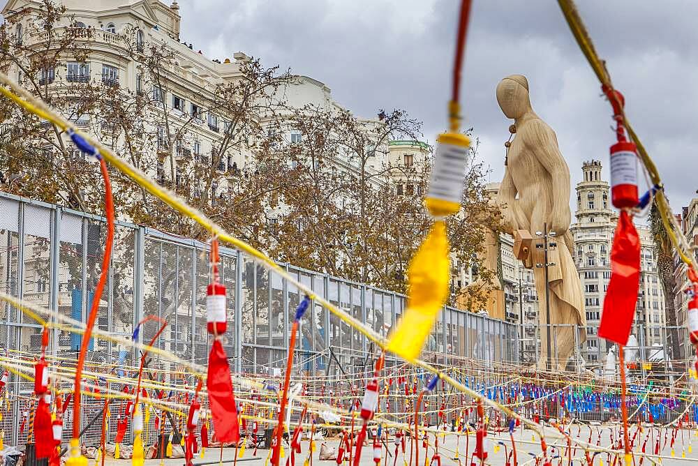 `Mascleta´ firecrackers and falla in Plaza del Ayuntamiento,Fallas festival,Valencia,Spain