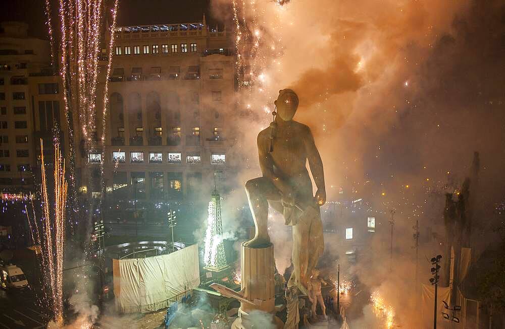 Crema, burning, Falla of Plaza del Ayuntamiento and fireworks,Fallas festival,Valencia,Spain