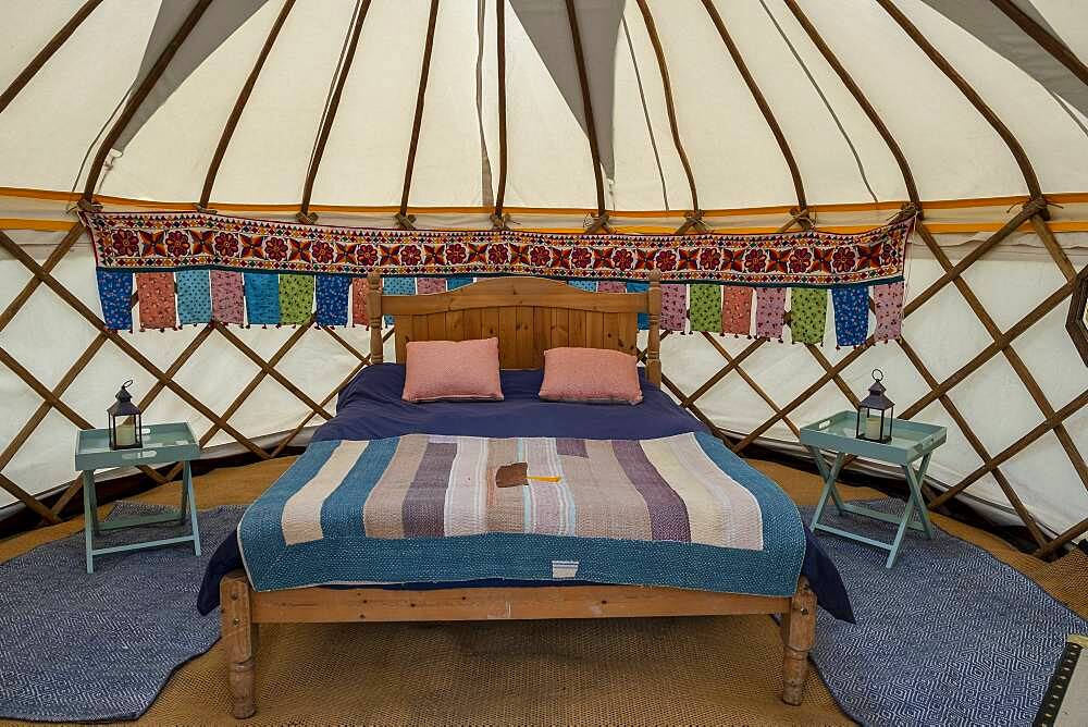 Interior of Yurt, in Yurt village near Hay on Wye to provide glamping accommodation for visitors to Hay Festival, Hay on Wye, Wales