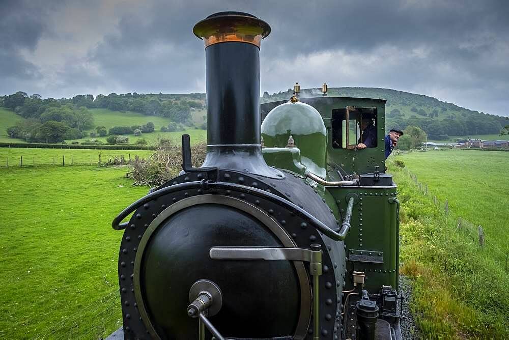 Locomotive and driver, Llanfair and Welshpool Steam Railway, Wales