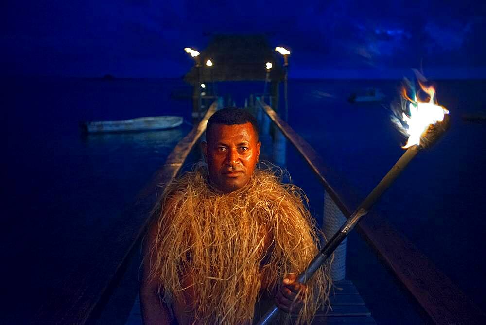 Tradtional Fijian Warrior portrait in Malolo Island Resort and Likuliku Resort, Mamanucas island group Fiji