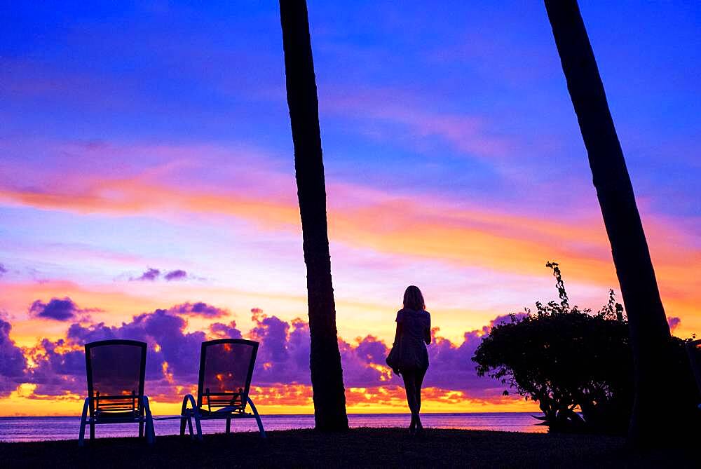 Sunset in Le Meridien Hotel on the island of Tahiti, French Polynesia, Tahiti Nui, Society Islands, French Polynesia, South Pacific.