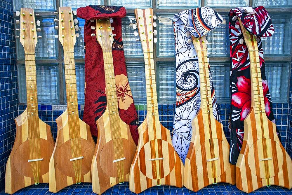 Ukelele guitar Souvenirs stall in Papeete Municipal covered Market, Papeete, Tahiti, French Polynesia, Tahiti Nui, Society Islands, French Polynesia, South Pacific.