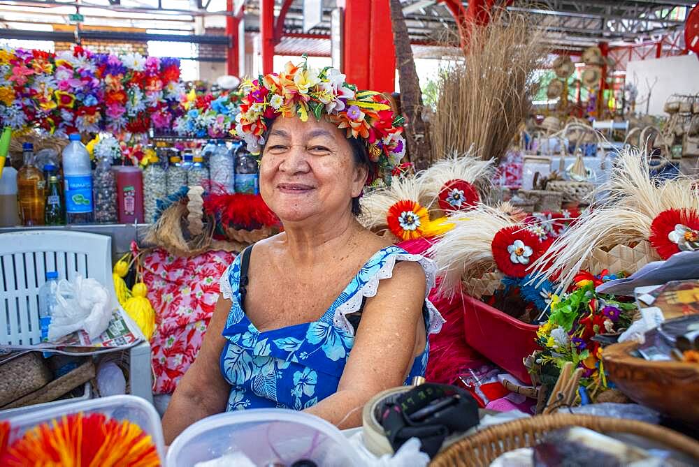 Souvenirs stall in Papeete Municipal covered Market, Papeete, Tahiti, French Polynesia, Tahiti Nui, Society Islands, French Polynesia, South Pacific.