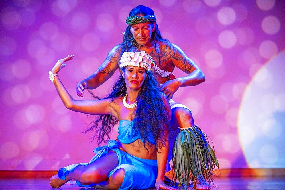 Dancing show of polynesian dances on Paul Gauguin cruise ship. France, French Polynesia, Polynesian, South Pacific.