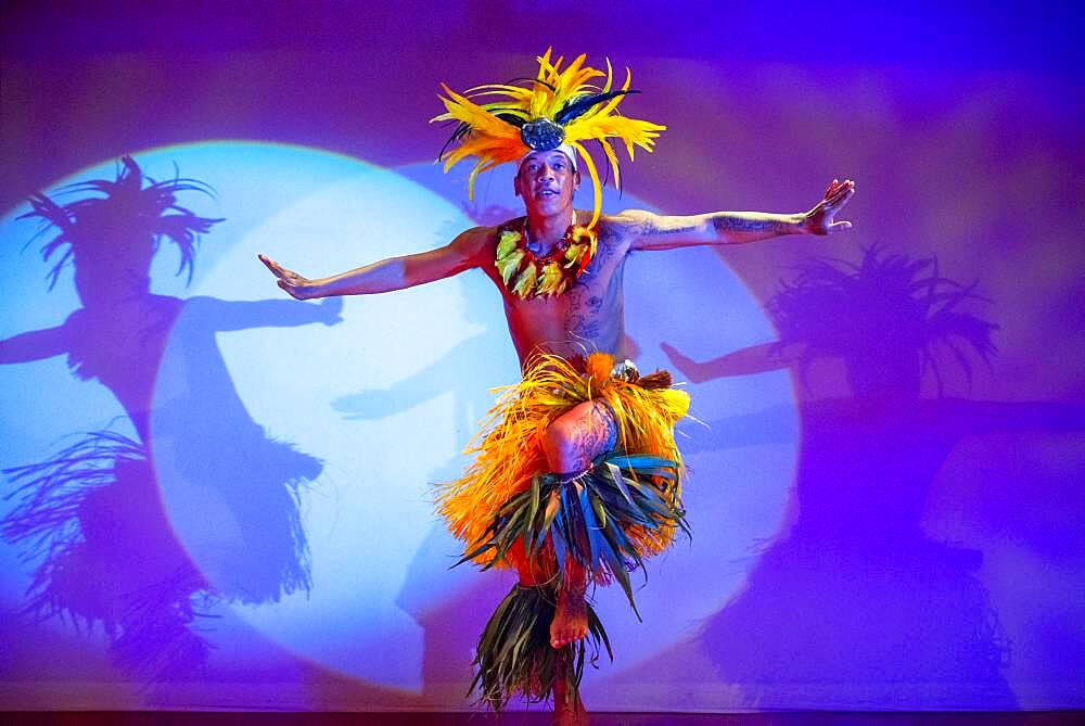 Dancing show of polynesian dances on Paul Gauguin cruise ship. France, French Polynesia, Polynesian, South Pacific.