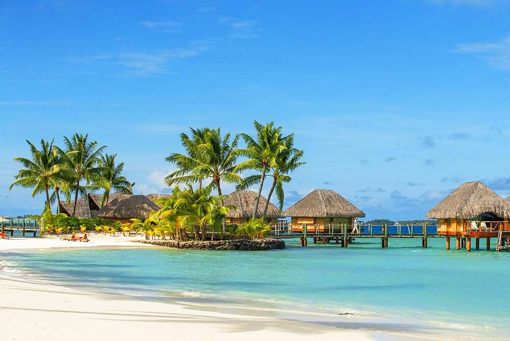 Le Bora Bora by Pearl Resorts luxury resort in motu Tevairoa island, a little islet in the lagoon of Bora Bora, Society Islands, French Polynesia, South Pacific.