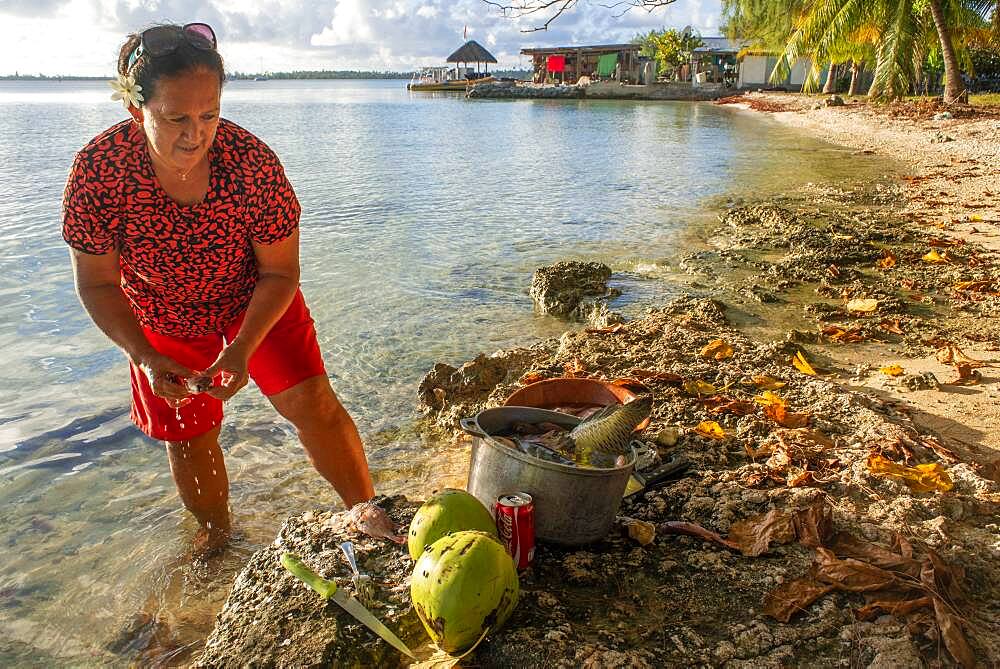 Local fisher woman in Fakarava island, Tuamotus Archipelago French Polynesia, Tuamotu Islands, South Pacific.