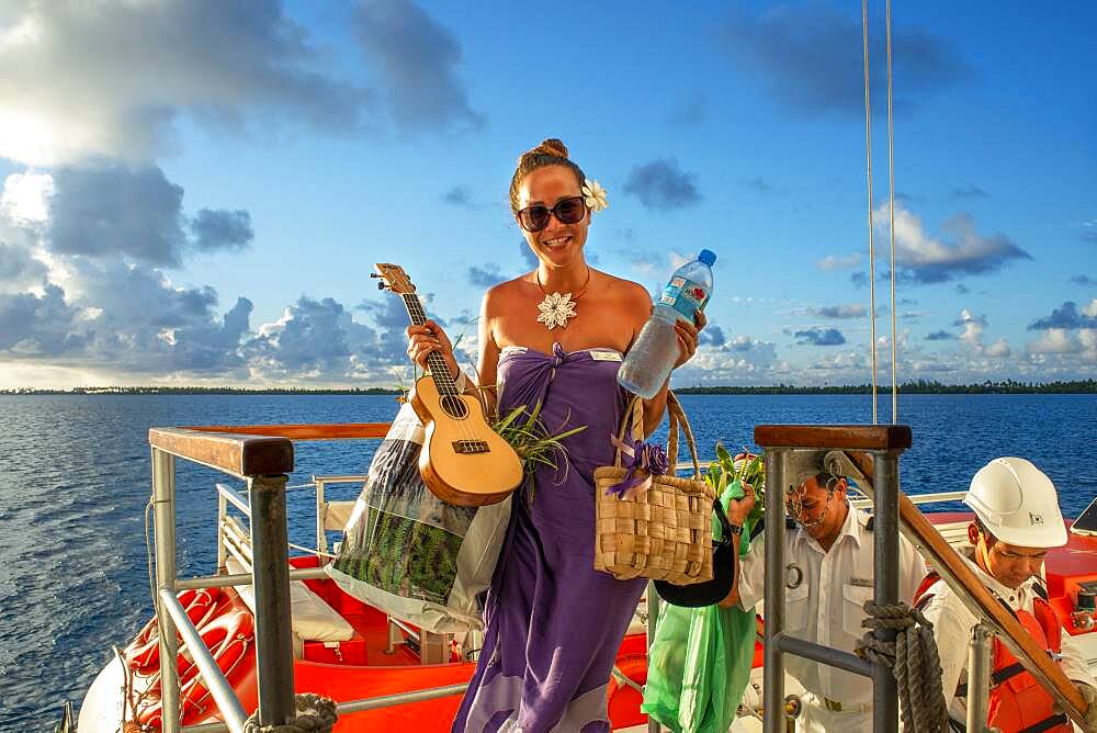 Paul Gauguin cruise staff anchored in Fakarava, Tuamotus Archipelago French Polynesia, Tuamotu Islands, South Pacific.