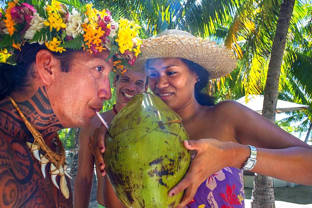 Drinking coconut milk in Fakarava,  Tuamotus Archipelago French Polynesia, Tuamotu Islands, South Pacific.