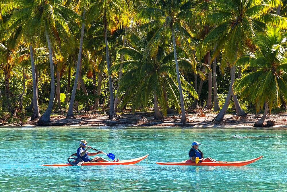 Kayaking in Taha'a island beach, French Polynesia. Motu Mahana palm trees at the beach, Taha'a, Society Islands, French Polynesia, South Pacific.