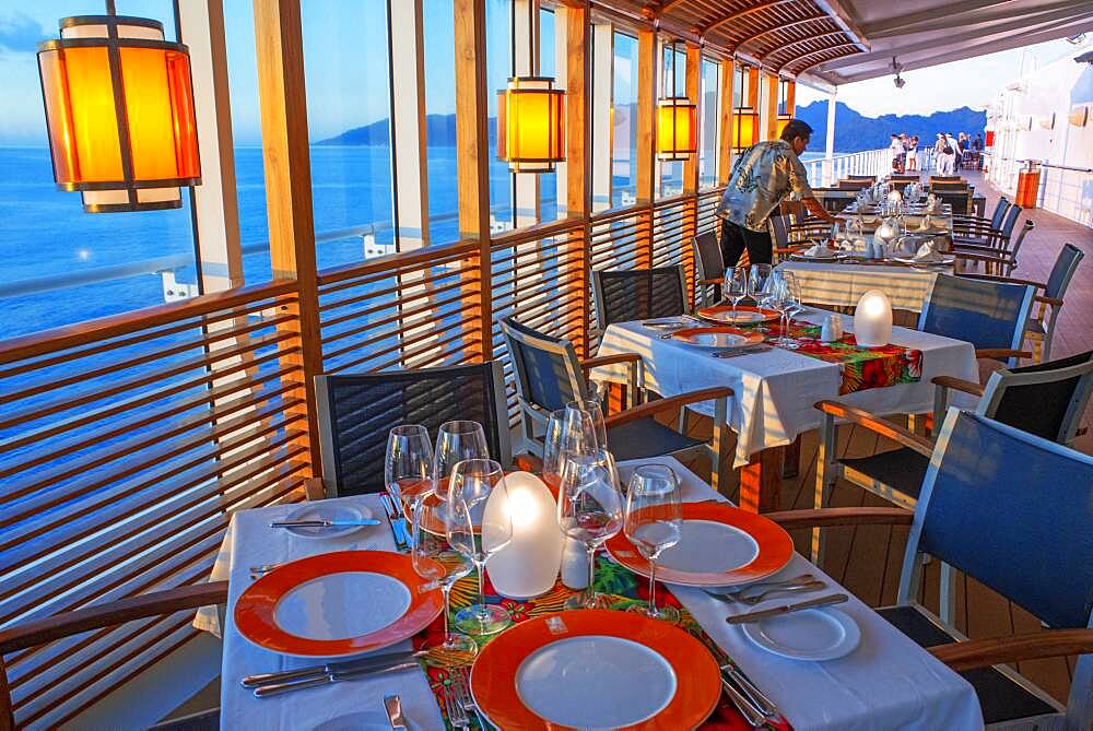 Restaurant in the luxury Paul Gauguin cruise, Society Islands, Tuamotus Archipelago, French Polynesia, South Pacific.