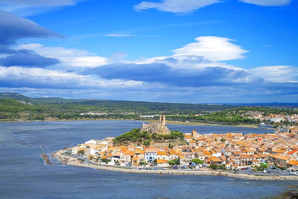 View of the watchtower at Gruissan in Languedoc-Roussillon, France, Aude, Gruissan, village in Circulade testifies of a Medieval origin, strategic sign of defense and Christian symbol