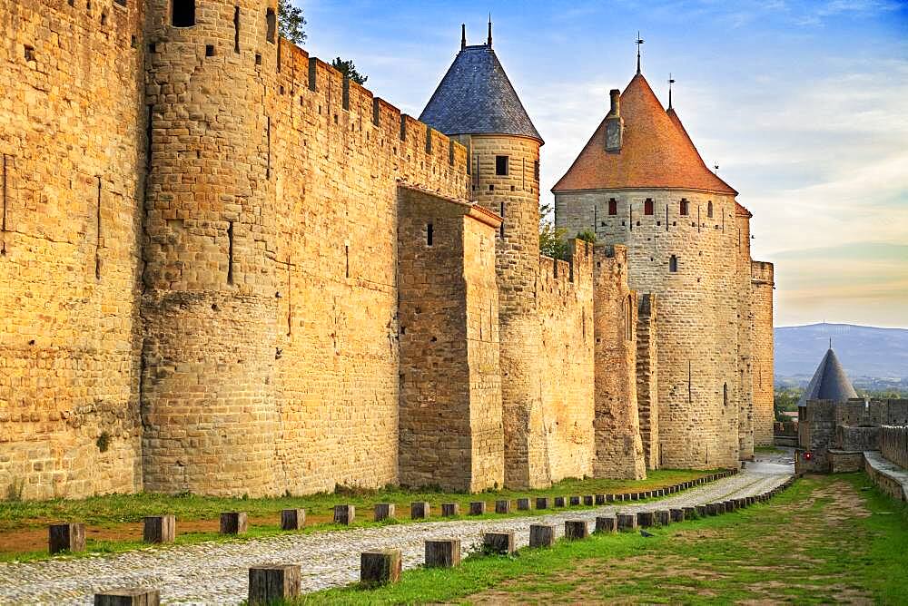 Fortified City of Carcassonne, medieval city listed as World Heritage by UNESCO, harboure d'Aude, Languedoc-Roussillon Midi Pyrenees Aude France