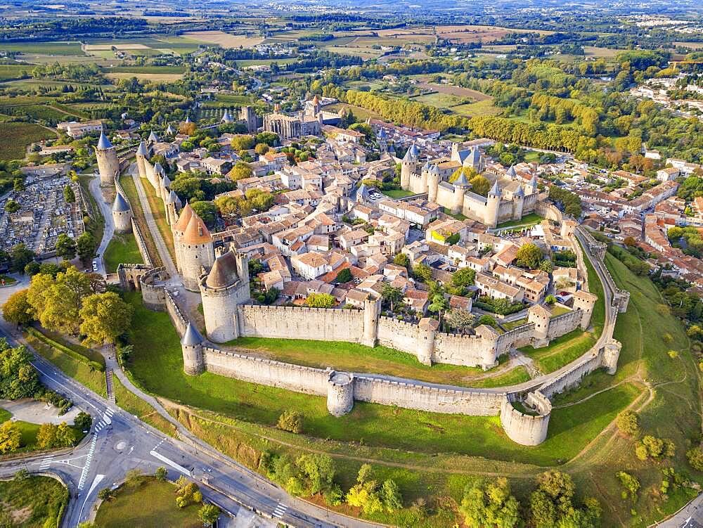 Aerial view of Carcassonne, medieval city listed as World Heritage by UNESCO, harboure d'Aude, Languedoc-Roussillon Midi Pyrenees Aude France