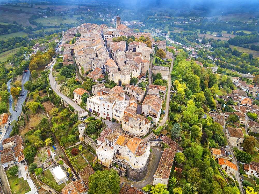 Aerial view of Cordes sur Ciel, labelled The Most Beautiful Villages of France, Tarn, Occitanie, France