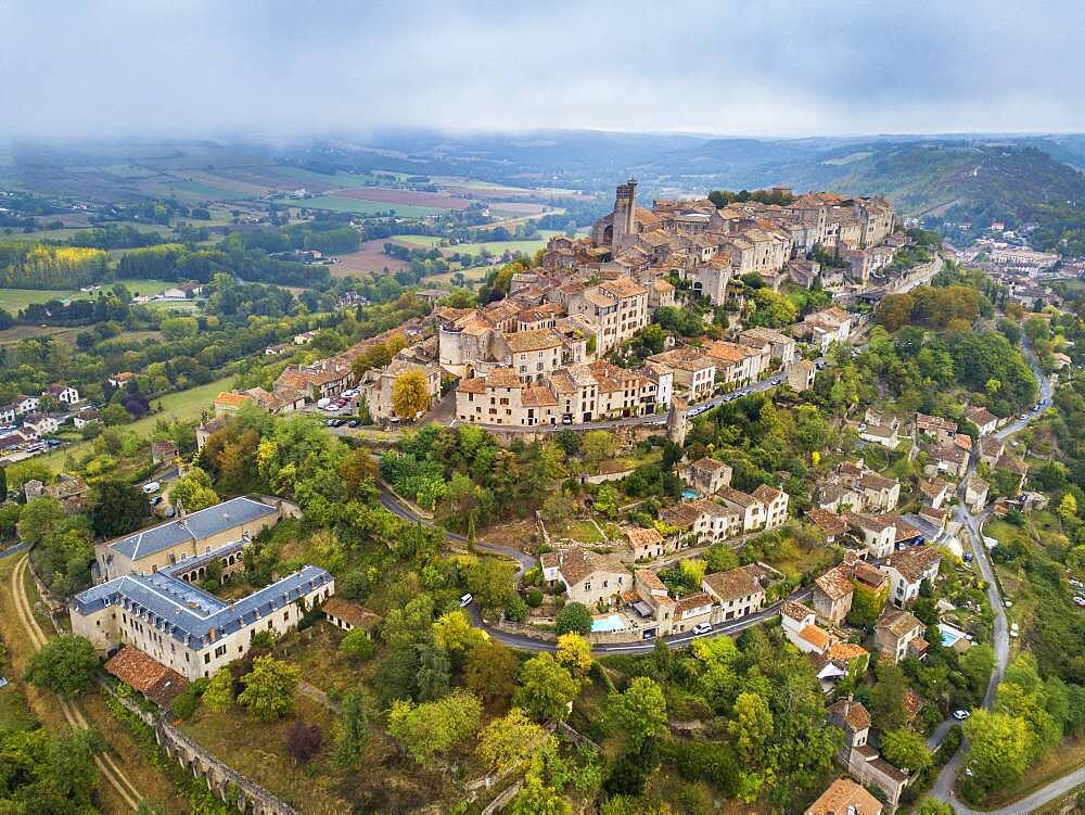 Aerial view of Cordes sur Ciel, labelled The Most Beautiful Villages of France, Tarn, Occitanie, France