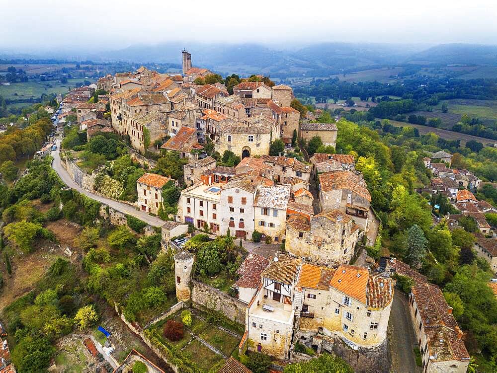 Aerial view of Cordes sur Ciel, labelled The Most Beautiful Villages of France, Tarn, Occitanie, France