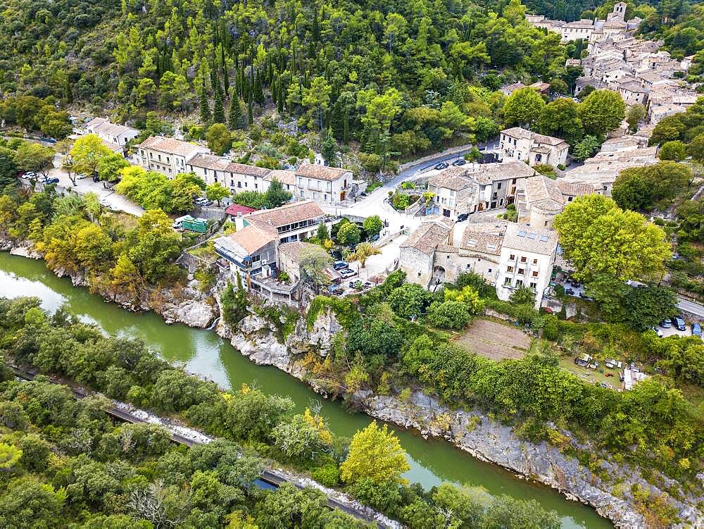 Aerial view Saint Guilhem le Desert, labelled Les Plus Beaux Villages de France (The Most Beautiful Villages of France), a stop on el Camino de Santiago, Herault, France.