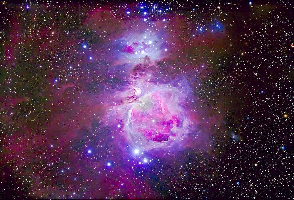 The Orion Nebula complex consisting of M42, M43 and the reflection nebula area known as the Running Man Nebula, NGC 1973-5-7. NGC 1981 is the blue star cluster at top north edge. North is up, though in the sky from Australia where this was shot the object appeared upside down compared to this northern-centric view.