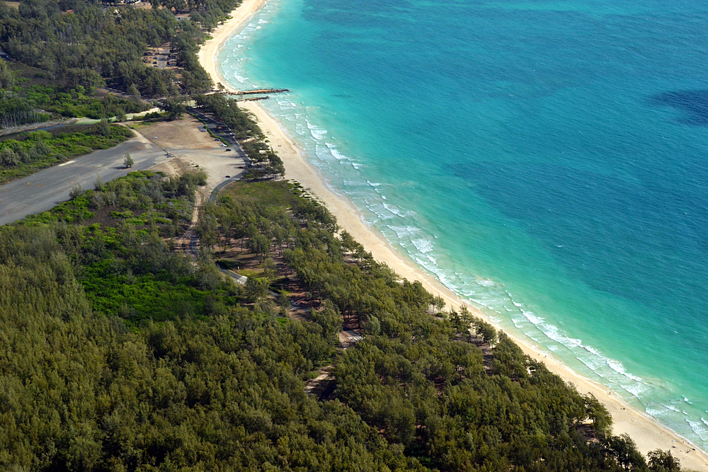 Aerial view of Bellows Beach, Oahu, Hawaii, USA