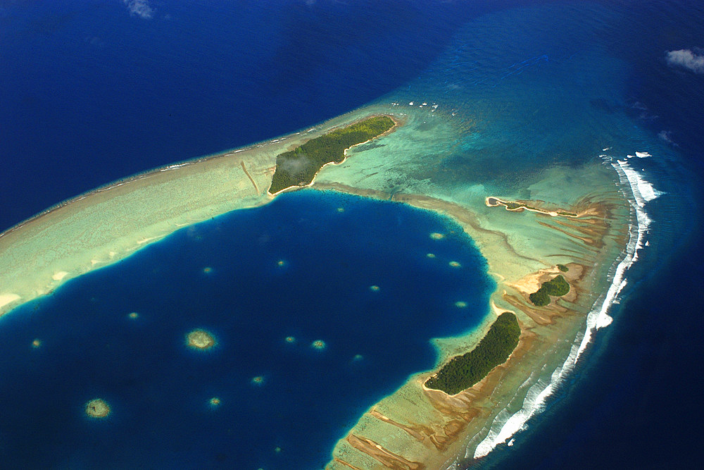 Aerial view of atoll near Majuro, Marshall Islands (N. Pacific).