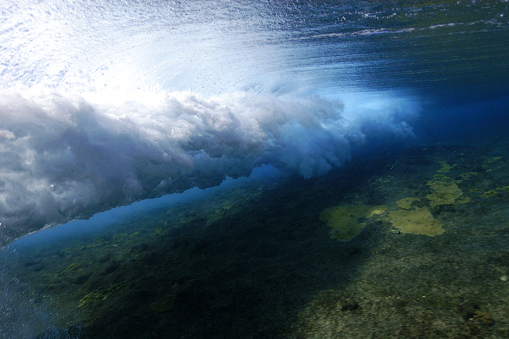 Wave breaking over shallow coral reef, Ailuk atoll, Marshall Islands, Pacific