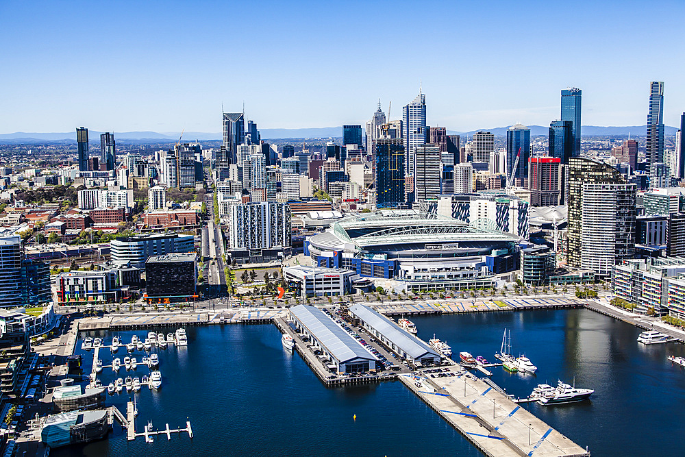 Aerial view of the Docklands in Melbourne including the CBD, Etihad Stadium and La Trobe Street