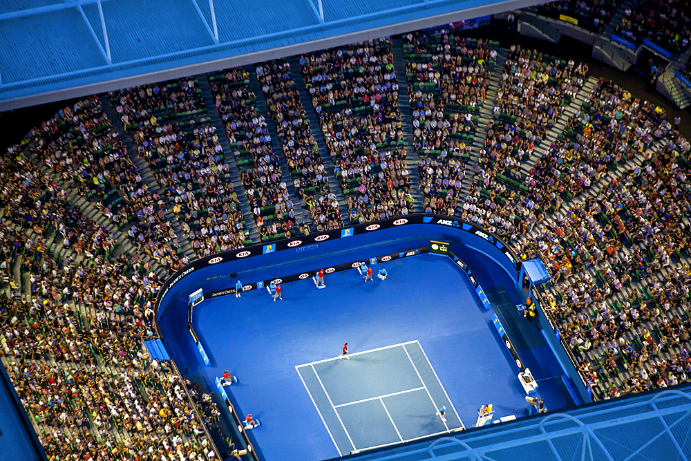 Dusk aerial view of the Australian Open Tennis tournament. At Rod Laver Arena.