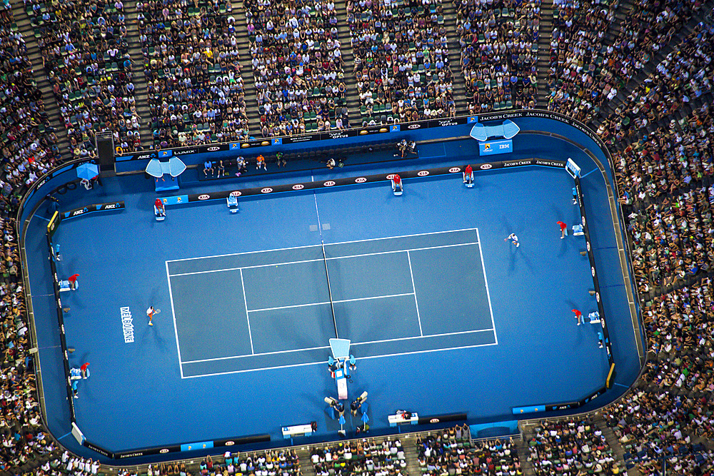 Dusk aerial view of the Australian Open Tennis tournament, Rod Laver Arena.