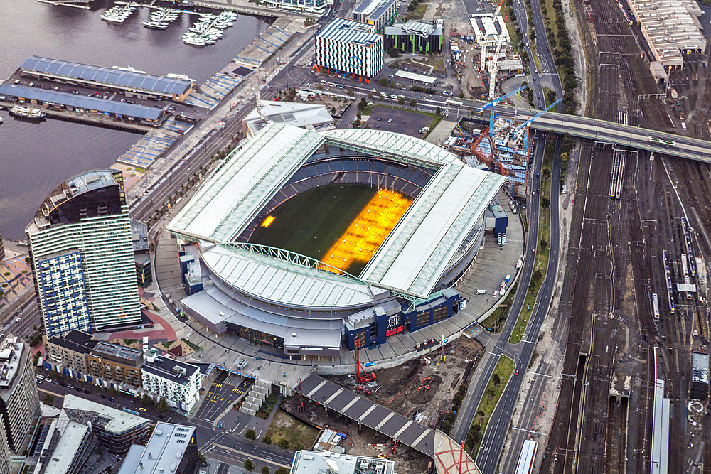 Aerial view at dusk of Etihad Stadium on Melbourne's Docklands, Australia