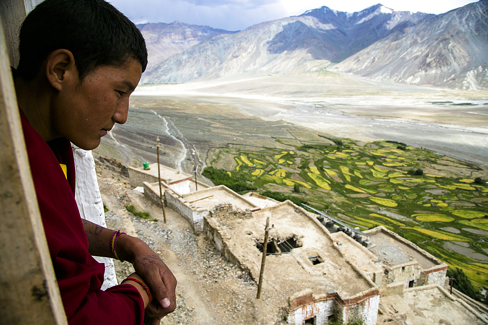 Buddhist monk in a monastery in Zanskar valley, Northern India.