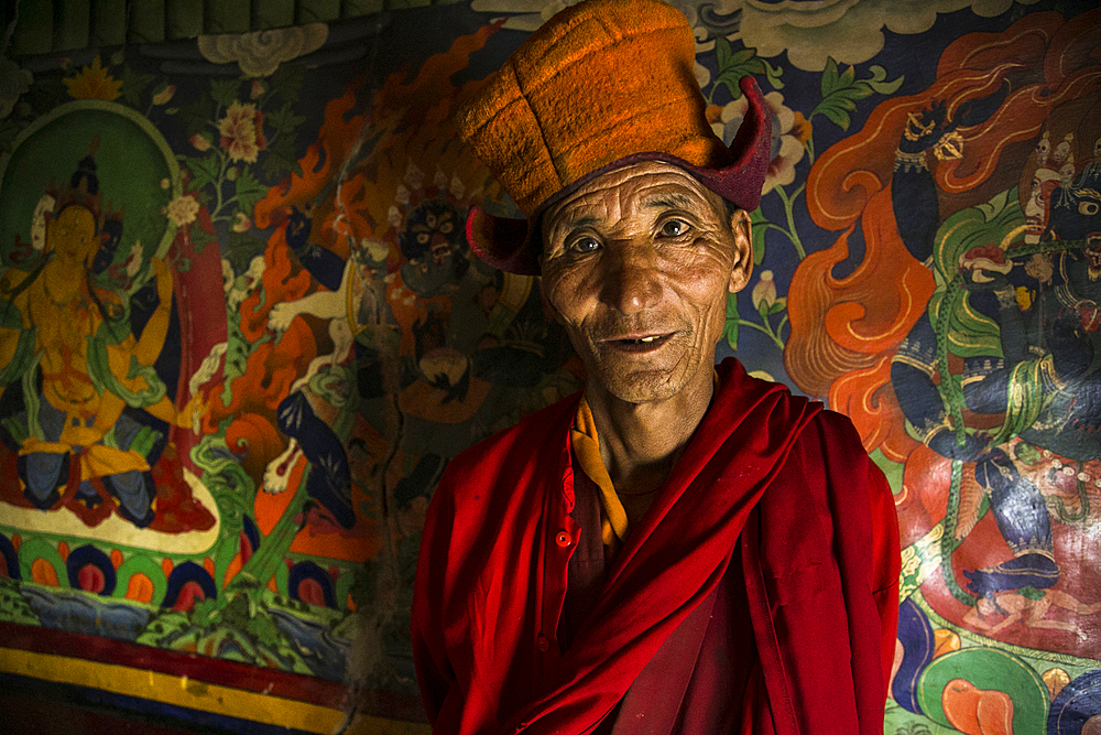Buddhist monk in a monastery in Zanskar valley, Northern India.