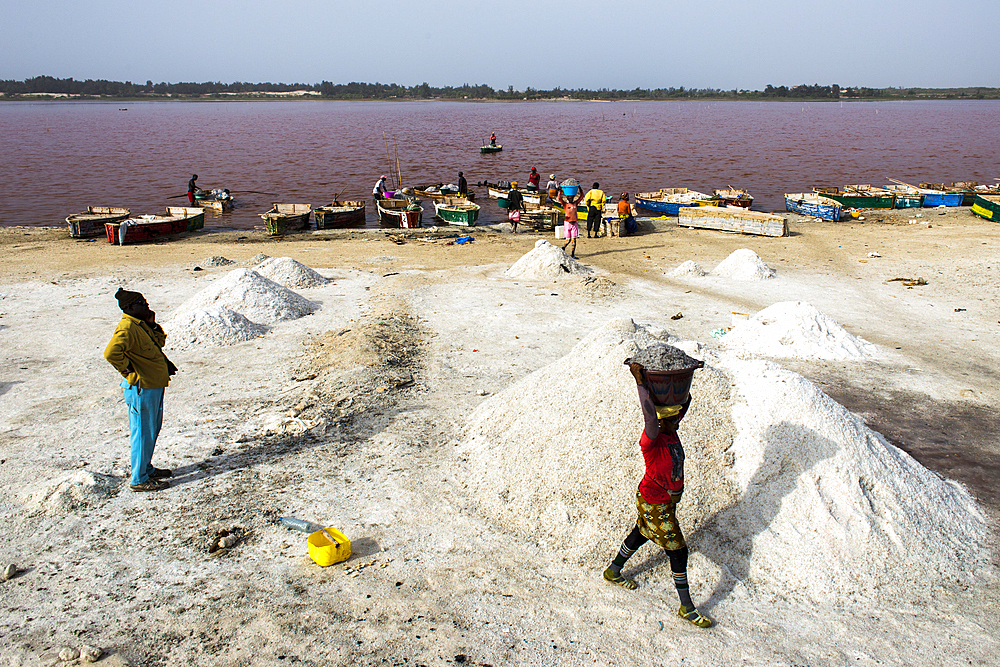 Salt collectors collecting salt to export across the region. The lake is known for its high salt content.