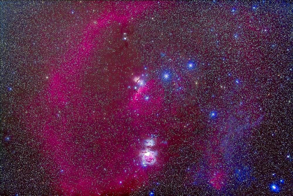 The nebulas of Orion in the Belt and Sword of Orion area. Including M42, Orion Nebula 9below centre), Barnard's Loop (at left), M78 (small reflection nebula above centre), Horsehead Nebula  (centre) and NGC 2024 (above Horsehead). There is faint reflection nebulosity at right -- the frame does not extend right far enough to show the Witchhead Nebula near Rigel.