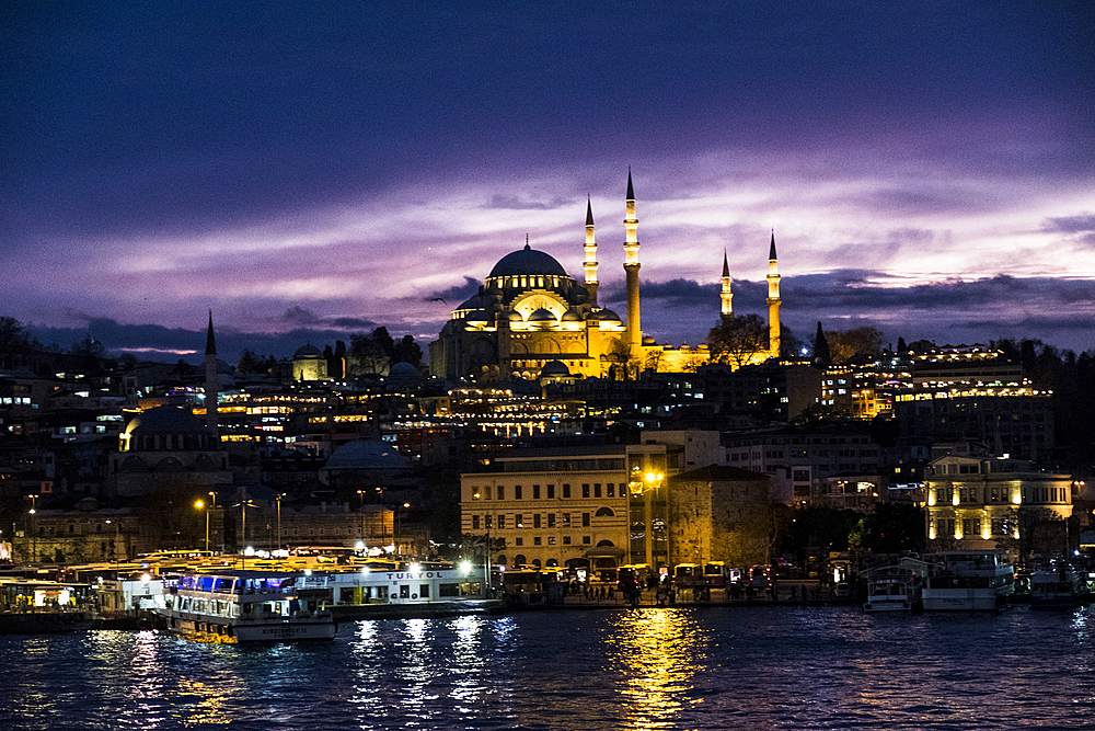 R√ºstem Pasha mosque and the Golden Horn seen from Galata Bridge after sunset