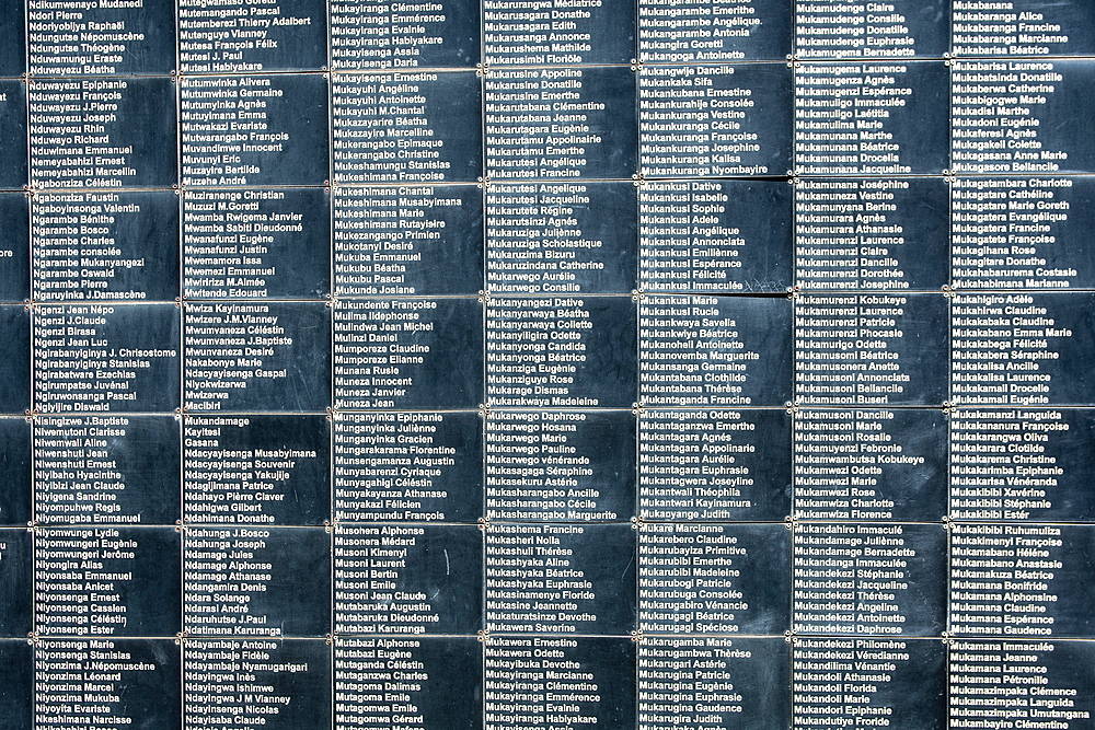 Names of known victims of the 1994 Rwandan Genocide lines the walls of the Kigali Genocide Memorial, Kigali, Rwanda.