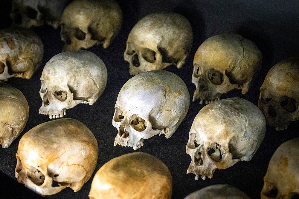 Damaged skulls of known victims of the 1994 Rwandan Genocide remain interred inside of of the Kigali Genocide Memorial as a testament to those lost in the brutality, Kigali, Rwanda.