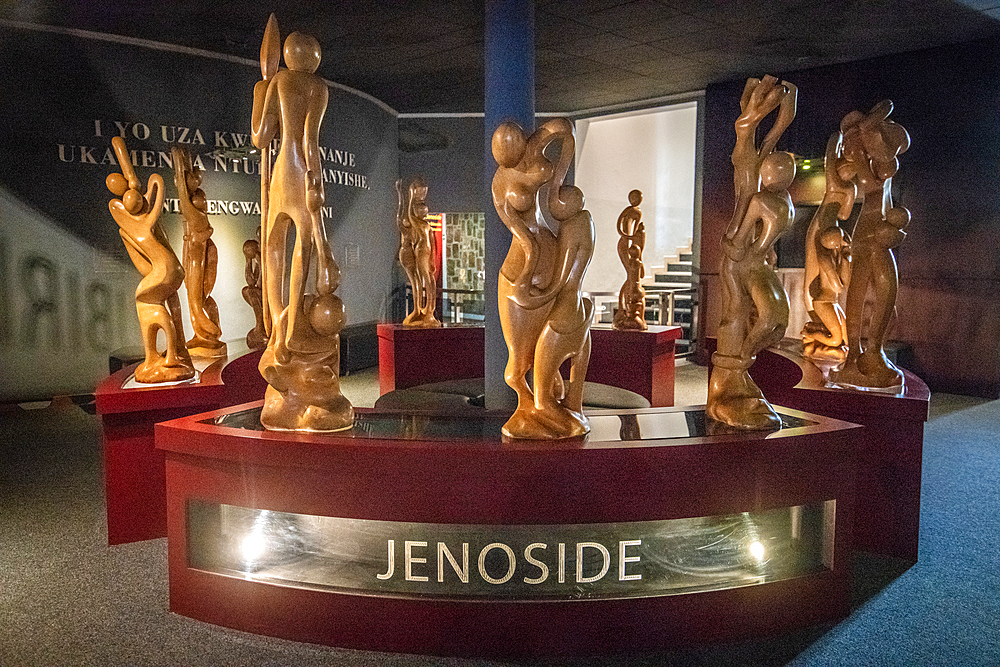 A carved wooden statue inside of the Kigali Genocide Memorial, Kigali, Rwanda.