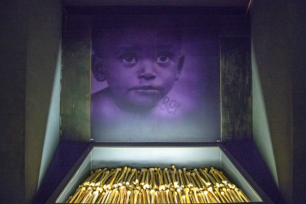 The remains of known victims of the 1994 Rwandan Genocide remain interred and on display inside of of the Kigali Genocide Memorial as a testament to those lost in the brutality, Kigali, Rwanda.