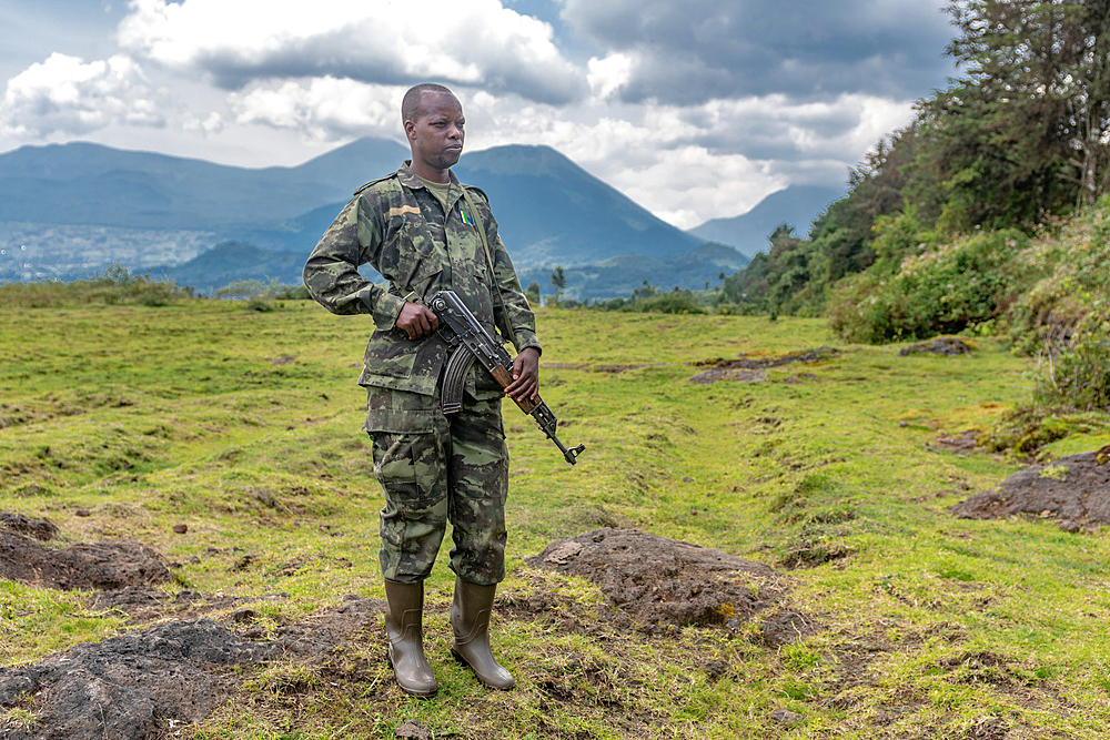 Park ranger with AK-47 Machine gun, Volcanos National Park, Rwanda