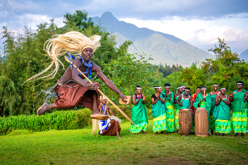 Intore Traditional dance performed outdoors near Volcanoes National Park in Rwanda