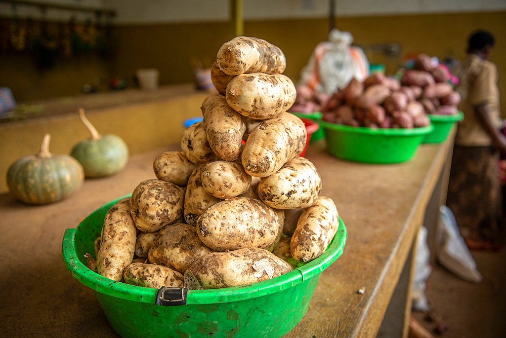 Potatoes stacked in plastic bin at outdoor market, Rwanda Farmers Market, in Rwanda