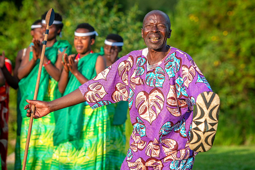 Intore Traditional dance performed outdoors near Volcanoes National Park in Rwanda